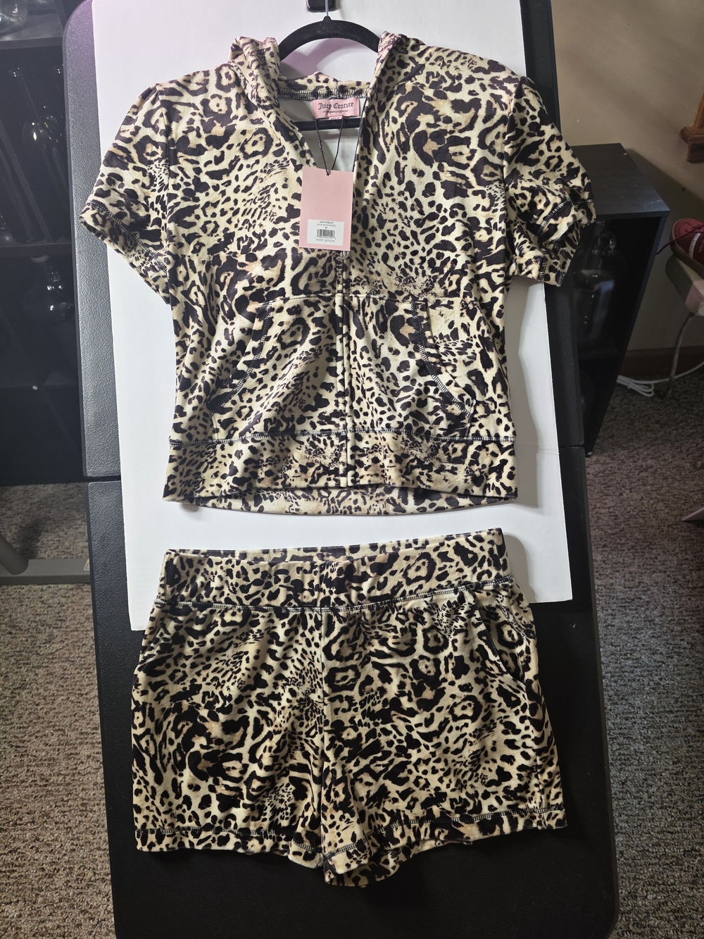 Juicy Couture Leopard Print Velour Hoodie & Shorts Set - Beige Black NWT